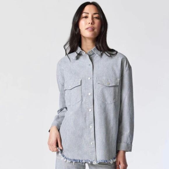 Mavi Livia Oversized Striped Raw Hem Cotton Denim Shacket Shirt - Picture 5 of 12